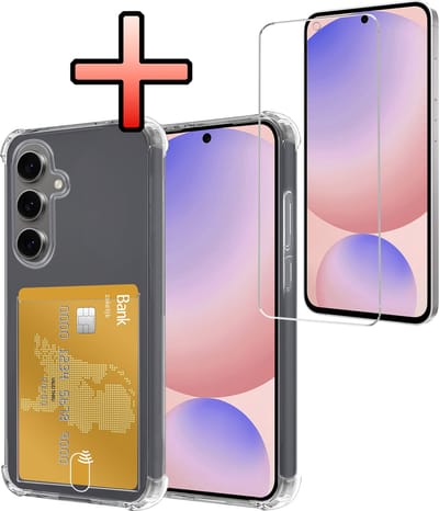 Hoesje - Geschikt voor Samsung Galaxy S24 FE - Met Screenprotector - En Pashouder - En Kaarthouder - Telefoon Hoes Shockproof - Siliconen Case - Back Cover - Shock Proof - Pasjes Houder - Transparant
