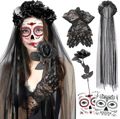Dailygoods- Hoofdband Halloween - Dag van de Doden - Sluier met zwarte rozen - Griezelige schedel - Inclusief gezichtstatoeages - Herbruikbaar polyester - Feesthoed