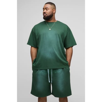 Plus OFCL Applique Spray Wash T-Shirt & Oversized Drop crotch Short Set | Green | Size 4XL