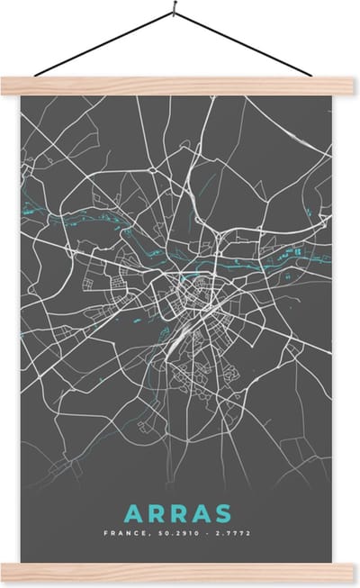 Posterhanger incl. Poster 40x60 cm - Schoolplaat - Frankrijk - Kaart - Arras - Plattegrond - Stadskaart - Textielposter - Blanke latten - Stadskaart