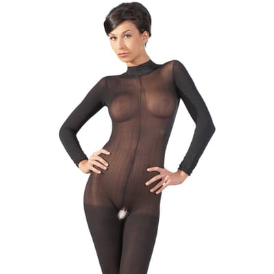 Mandy Mystery Lingerie –  Catsuit met Open Rug en Kruis met Kant Afgewerkt Kraag – Maat S/M - Zwart