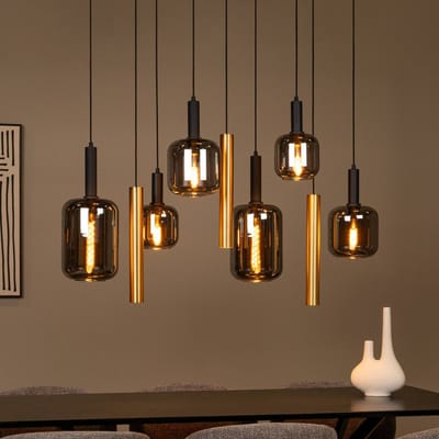 Lucide hanglamp Joanet, lengte 130 cm, rook/messing, glas, 9-lamps.