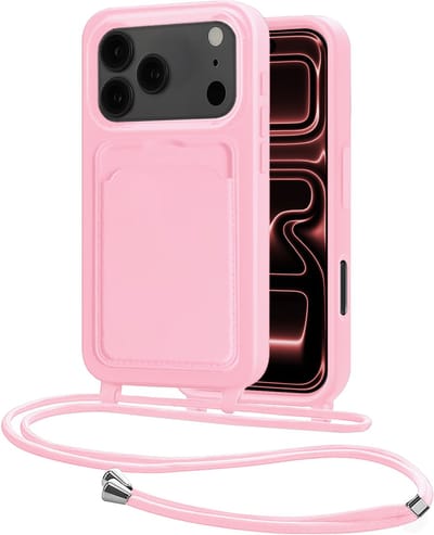 Hoes Geschikt voor iPhone 17 Pro Max Hoesje Pasjeshouder Cover Met Koord Case Siliconen Hoes Met Telefoonkoord en Kaarthouder - Lichtroze
