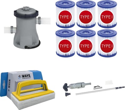 WAYS - Zwembad Onderhoud - Zwembadstofzuiger & Filterpomp 1249 L/h & 6 Filters Type I & WAYS Scrubborstel