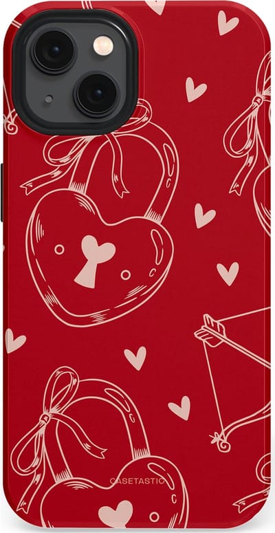 Casetastic Hoesje Geschikt voor Apple iPhone 13 Magsafe - Stijlvolle Beschermende Duo-layer Case - Hartendief - Liefdes Slotjes - Valentijn - Valentine - Love - Rood Wit
