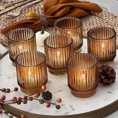 Kaarsenhouders Set - Theelichthouders Votief - Sfeer Creëren - Geribbeld Amber Glas - Set van 6 - Amber
