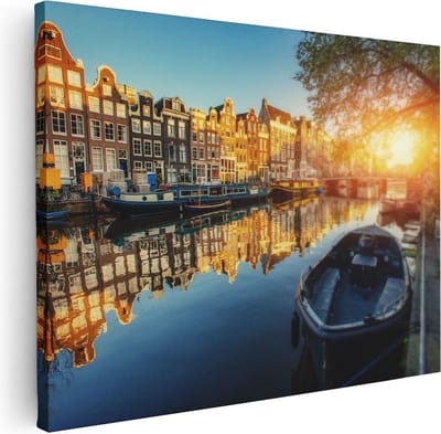 Artaza Canvas Schilderij Grachtenpanden - 40x30 cm - Klein - Wanddecoratie Amsterdam - Muurdecoratie Boot - Kamer Accessoires