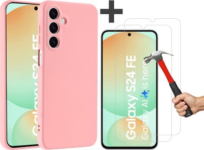 Hoesje geschikt voor Samsung Galaxy S24 FE hoesje zacht siliconen met 2 Stuks gehard glas Screenprotectors- Arara backcover - Licht Roze