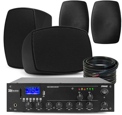 Power Dynamics set van 4 buiten speakers en 2-zone 100V versterker met Bluetooth - Zwart