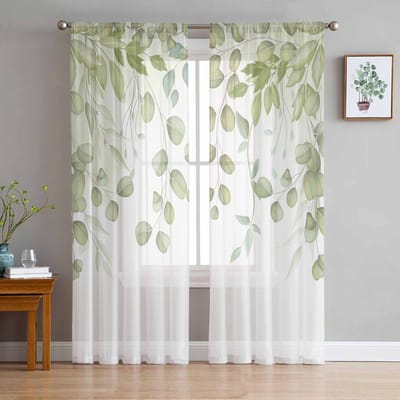 Platteland Plant Bloemen Aquarellen Slaapkamer Gordijnen Tule Transparant Gordijn Woonkamer Huisdecoratie Voile Draperieën 135W x 114H(cm) white