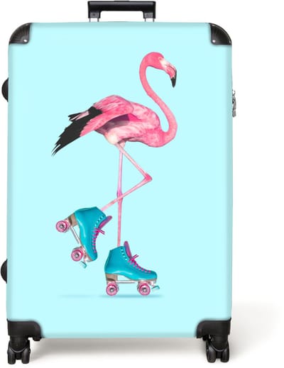 NoBoringSuitcases.com® - Koffer groot - Reiskoffer lichtgewicht - Flamingo - Rolschaatsen - Blauw - Roze - Rolkoffer met 4 wielen - Grote trolley XL - 98 liter bagage