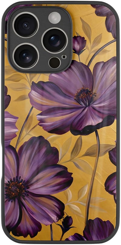 Hoesje geschikt voor iPhone 16 Pro - Violet leaves - Luxe Glazen Hardcase - Hippe print - Geel - Leuke Telefoonhoesjes