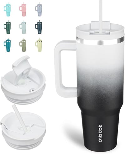 SnelShoppen - Isolerende RVS Bekers met Handvat en Rietje 1200ml - Dubbelwandige Thermosbekers met Deksel - Ideaal voor Camping, Feest en Dagelijks Ge