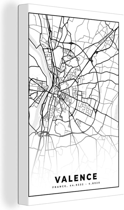 Canvas Schilderij Frankrijk - Plattegrond - Stadskaart - Valence - Kaart - Zwart wit - 20x30 cm - Wanddecoratie
