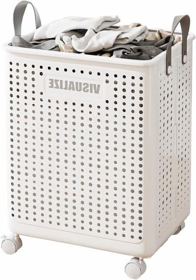 Opvouwbare wasmand met wieltjes van 60 liter, ideaal voor bijkeuken en slaapkamer, stevig en praktisch met handvatten