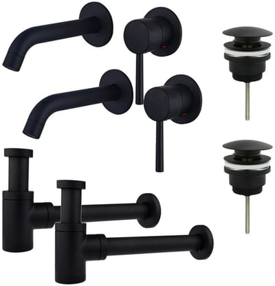 FugaFlow Eccelente Sobrado Badkamer Slim Wastafelkraanset - voor dubbele wastafel - inbouw wastafelkraan - klikwaste plug - verlaagde design sifon - Mat zwart
