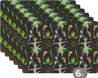 Placemat - Placemats kunststof - Brazilië - Carnaval - Patroon - 45x30 cm - 6 stuks - Hittebestendig - Anti-Slip - Onderlegger - Afneembaar