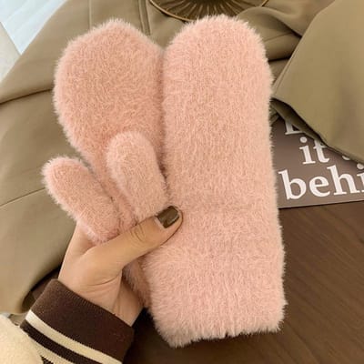 Dames Winter Nerts Dons Handschoenen Vrouwelijke Extra Velours Verdikken Breien Warme Wanten Jeugd Student Meisje Schattige Zachte Elastische Handschoenen One Size beige