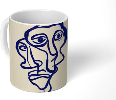 Mok - Koffiemok - Lijntekening - Overlappende gezichten - Donkerblauw - Mokken - 350 ML - Beker - Koffiemokken - Theemok