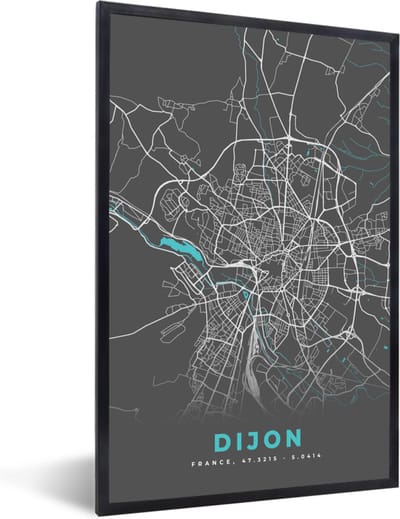 Fotolijst incl. Poster - Dijon - Frankrijk - Kaart - Stadskaart - Plattegrond - 40x60 cm - Posterlijst