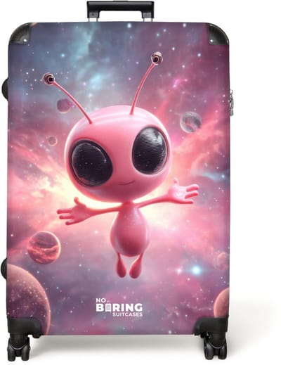 NoBoringSuitcases.com® - Koffer groot - Reiskoffer lichtgewicht - Roze alien in de ruimte - Rolkoffer met 4 wielen - Grote trolley XL - 98 liter bagage