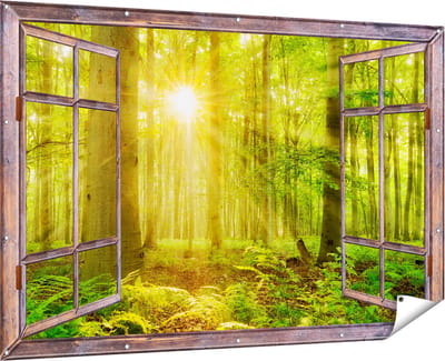 Gards Tuinposter Doorkijk Groen Bos met Schijnende Zonnestralen - 180x120 cm - Tuindoek - Tuindecoratie - Wanddecoratie buiten - Tuinschilderij