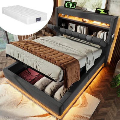 MEUNIQ gestoffeerd eenpersoons bed 90x200 cm met matras, LED-verlichting, hoofdbord met USB en USB-C, hydraulische opbergruimte en opbergvakken, grijs