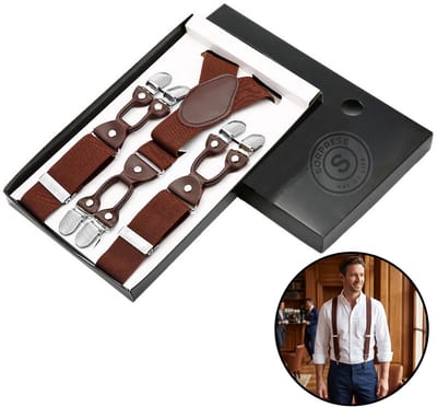 Sorprese - Luxe Chique Bretels - Bruin - Donkerbruin Leer - 6 Stevige Clips - Bretels Heren Volwassenen - Inclusief Cadeaudoos