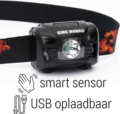 Hoofdlamp LED Oplaadbaar USB C - Fel Hoofdlampje met Rood Licht en Bewegingssensor - Zwart - King Mungo KMHL009