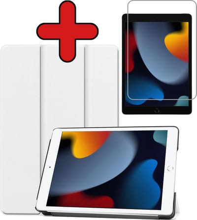 Hoesje - Geschikt voor Apple iPad 9 (2021) - 10.2 inch - 9e Generatie - Met Screenprotector - Hardcover Book Case - Trifold Bookcase Hoes - Hard Cover - Tablethoes - Wit