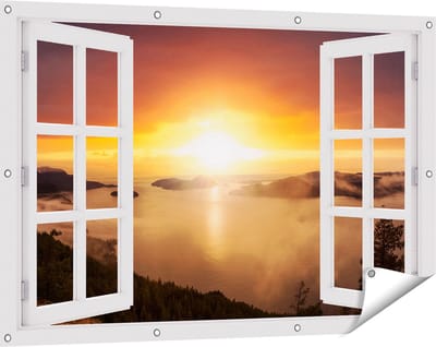 Gards Tuinposter Doorkijk Zonsondergang in de Bergen met Wolken - 120x80 cm - Tuindoek - Tuindecoratie - Wanddecoratie buiten - Tuinschilderij