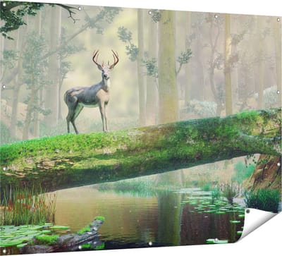 Gards Tuinposter Hert in het Bos op een Boom - 160x120 cm - Tuindoek - Tuindecoratie - Wanddecoratie buiten - Tuinschilderij
