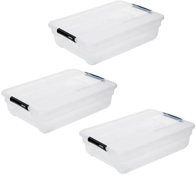 5Five opberg kist met deksel - 3x - Solutions Box - 38 liter - 67 x 48 x 17 cm - kunststof - transparant