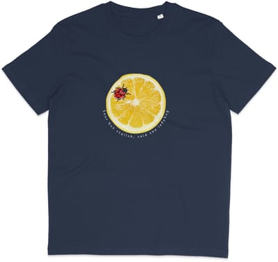Blauw T Shirt Dames en Heren - Grappige Citroen Lieveheersbeestje Print en Tekst - Biologisch Katoen