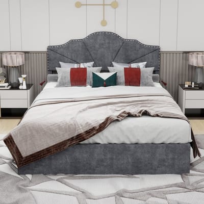 MODENUIT Gestoffeerd bed 140x200 cm – Geometrisch hoofdbord – Met lattenbodem – Metalen frame – Zonder matras – Grijs
