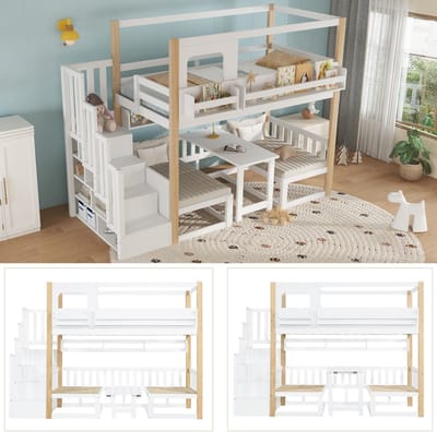 Stapelbed - 90x200 cm - Met Verstelbaar Bureau En Boekenrek - Opbergtrap - Hout - Wit Natuur