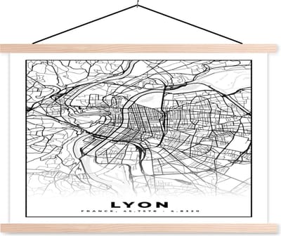 Posterhanger incl. Poster 90x60 cm - Schoolplaat - Lyon - Stadskaart - Plattegrond - Kaart - Frankrijk - Zwart wit - Textielposter - Blanke latten - Stadskaart