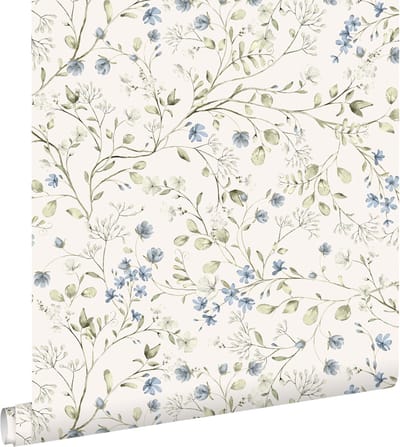 ESTAhome behang bloemetjes vergrijsd groen, blauw en wit - 50 x 900 cm - 131139