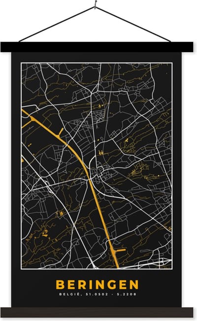 Posterhanger incl. Poster 40x60 cm - Schoolplaat - Beringen - Stadskaart - Plattegrond - Goud - Kaart - Textielposter - Zwarte latten - Stadskaart