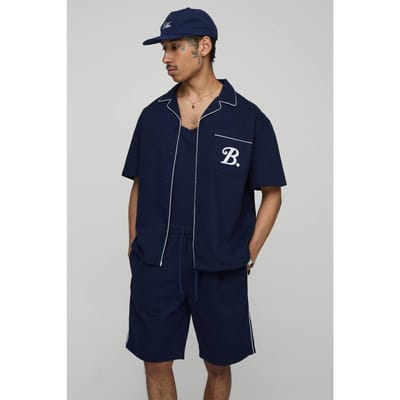 Oversized Pocket Detail Twill Shirt & Short Set | Navy | Size XS