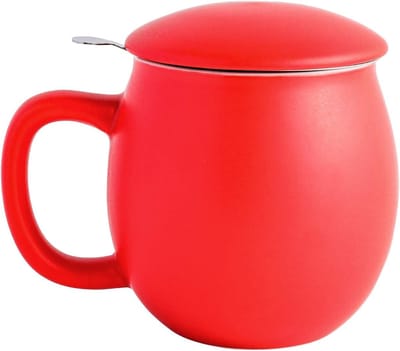 Matte Rode Keramische Theekop van 12 oz met Infuser en Deksel - Ideaal voor Losse Thee, Thuis en Op Kantoor, Perfect Cadeau voor Theeliefhebbers