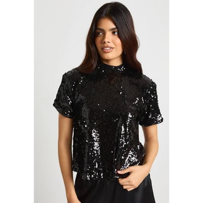 boohoo Dames Pailletten Schouderpad Boxy T-shirt | Zwart | Maat: 34