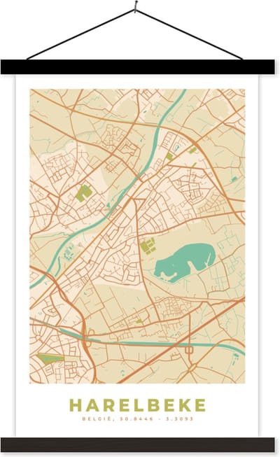 Posterhanger incl. Poster 40x60 cm - Schoolplaat - Retro - Kaart - Plattegrond - Harelbeke - Stadskaart - Textielposter - Zwarte latten - Stadskaart