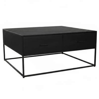 Salontafel vierkant industrieel mangohout 100cm Besti zwart visgraat side table 2 lades duurzaam mango hout bijzettafel