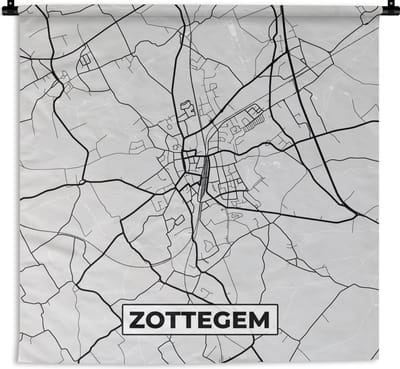 Wandkleed - Wanddoek - Zwart Wit – België – Plattegrond – Stadskaart – Kaart – Zottegem - 180x180 cm - Wandtapijt