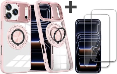 Hoesje Geschikt voor iPhone 17 Pro Arara hoesje voor Magsafe Transparant hard case - kickstand Draaibare Ring Houder met 2 stuks screenprotectors - Rosegoud