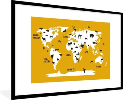 Wereldkaart Kinderen - Dieren - Geel - Schoolplaat - Kinderkamer - 120x80 cm