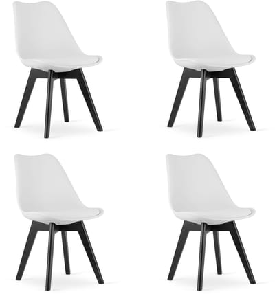Set van 4 Stoelen MARK – Wit, Zwarte Poten, Kunststof Zitting met Kunstlederen Kussen, Strak Design, Ergonomisch, Geschikt voor Keuken, Eetkamer, Kantine en Werkruimte, Max. 120 kg