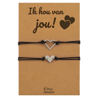 Vriendschapsarmbandjes voor 2 "Ik Hou van Jou" - Hartjes - Koppel Armbandjes met Lief Cadeau Kaartje - Zilverkleurig - Elastisch Verstelbaar - Pax Amare