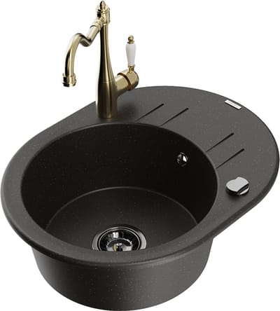 Mexen Kevin granieten spoelbak 1-komors met afdruiprek en keukenkraan Carla, zwart/goud metallic - 6517-75-670700-50-B